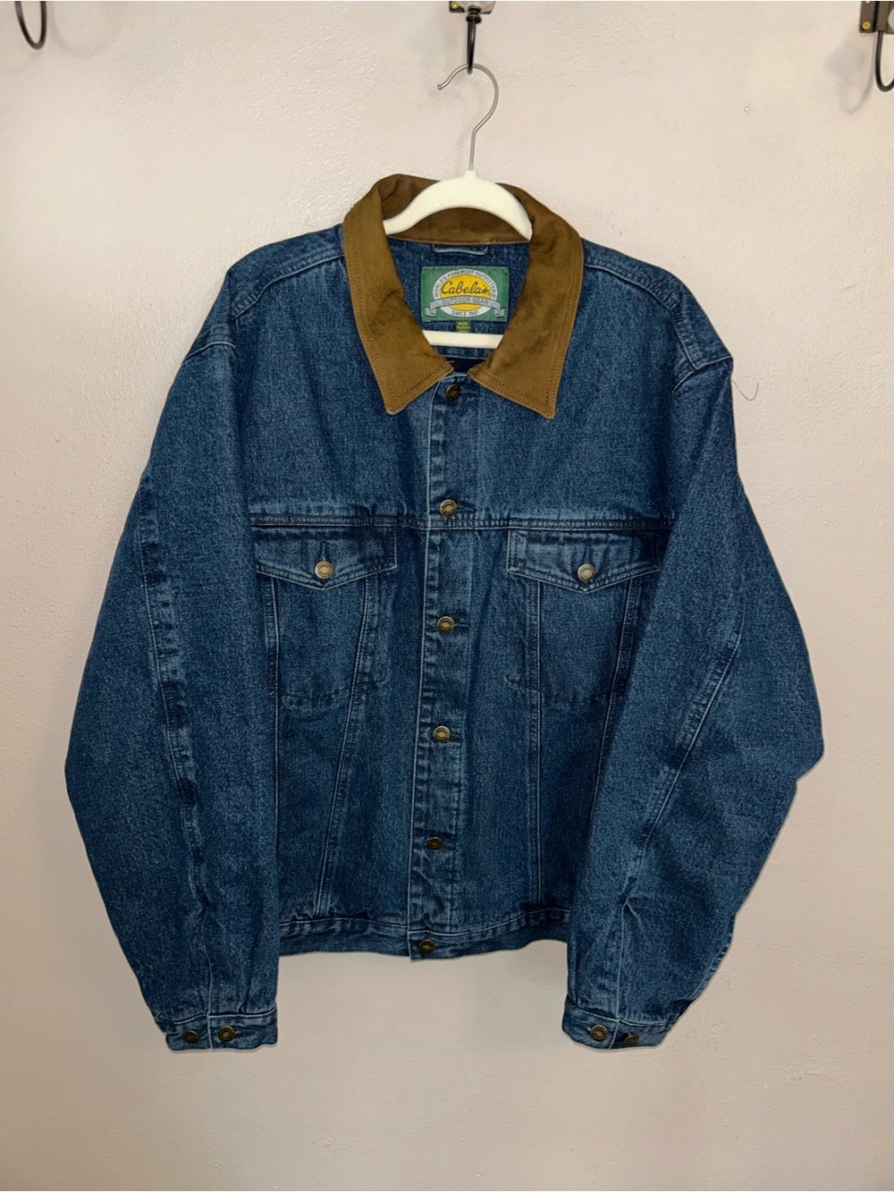 VTG Cabela’s Denim Trucker Jacket XL Suede Collar Western Workwear Ranch chore